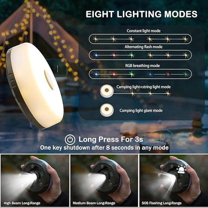 2-Pack Camping String Lights, 4 in 1 Outdoor Camping Lantern with 8 Lighting Modes(32.8Ft), Quick 30s Recovery, Waterproof, Type-C Fast Charging, Portable Lights for Camping/Yard/Hiking