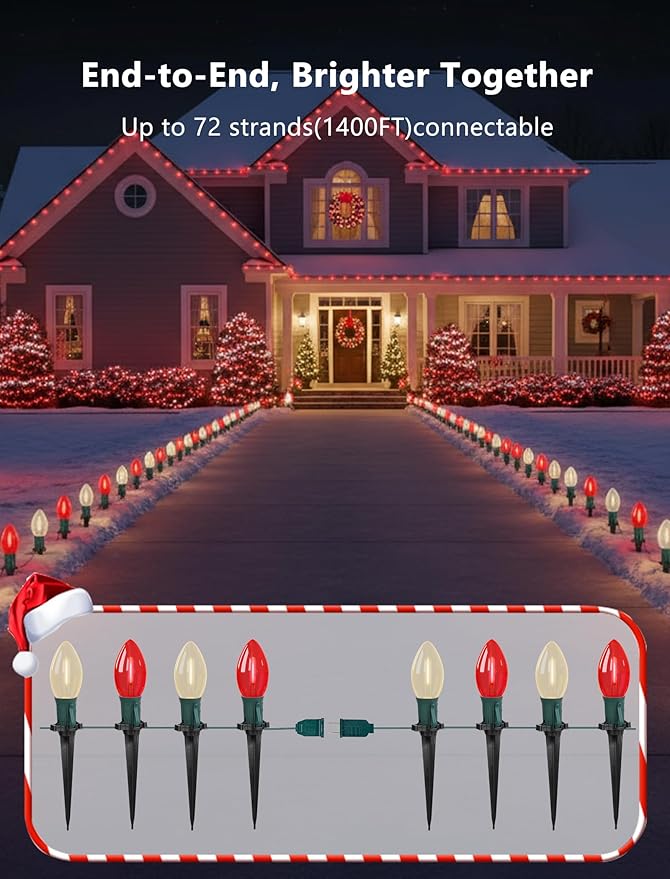 19.5FT Red and White C9 Christmas Pathway Lights, Outdoor LED String Lights with 10 Connectable Bulbs, Waterproof Yard Decor for Walkway, Driveway, Garden, and Holiday Lighting