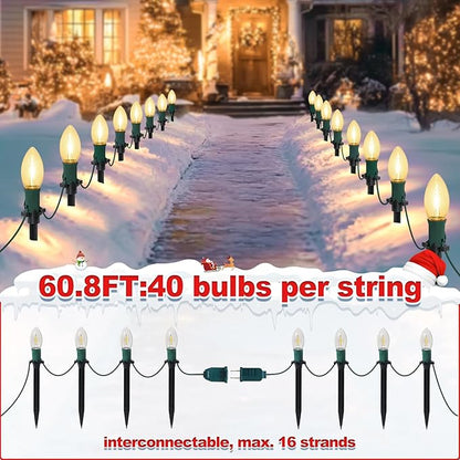 60Ft C9 Led Christmas Pathway Lights Outdoor, 40 Warm White Bulbs Waterproof Connectable Extra Long Christmas Walkway Lights for Large Driveway, Yard, Lawn