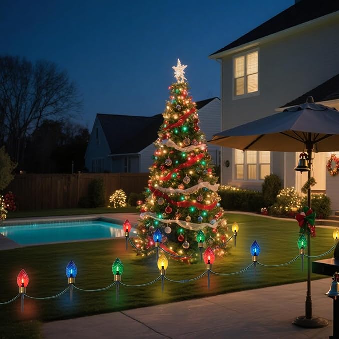 2 Pack Jumbo Christmas Pathway Lights Outdoor, Total 14FT 8Pcs Multicolor Diamond Connectable Plug in Walkway Lights for Driveway, Fence, Yard Holiday Decor, Green Wire