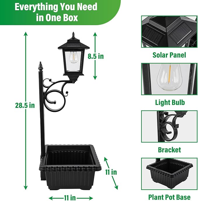 Solar Lamp Post Light with Planter, 2 in 1 Outdoor Flower Pots, 3000K Solar Lamps Outdoor Waterproof, Wall Mount or Freestanding for Garden, Patio, Yard, Front Porch, Back Door (Flowers not Included)