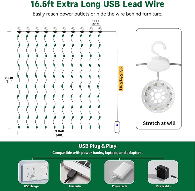 Outdoor String Lights, 8ft Green Waterproof LED