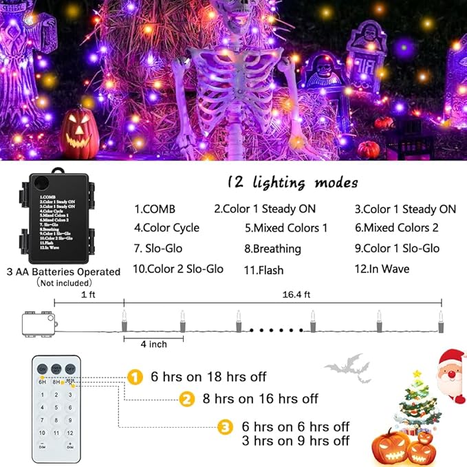 2-Pack 50 LED Halloween Twinkle Lights, 17ft Waterproof for Patio