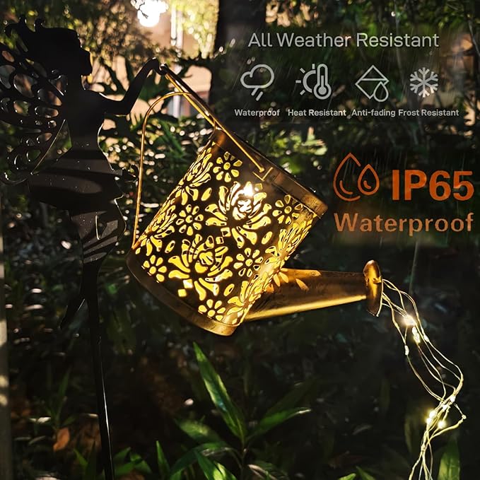 Solar Watering Can Lights,LED Solar Lantern String Light Outdoor Garden Waterproof Hollowed-Out Retro Metal Water Can Lights,for Garden Patio Yard Pathway Lantern Plant Decoration (Fairy)