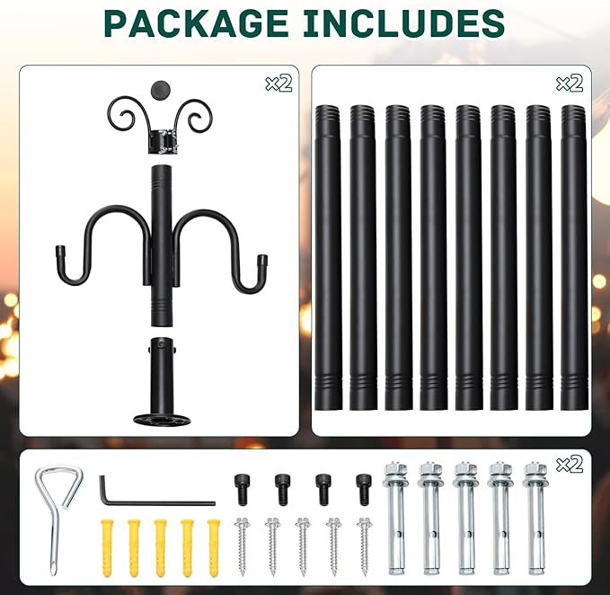 String Light Poles 2 Pack, 10FT Patio Light Poles for String Lights Metal Post Pole with Hooks to Hang Outdoor String Lights, Plant Baskets, Bird Feeder