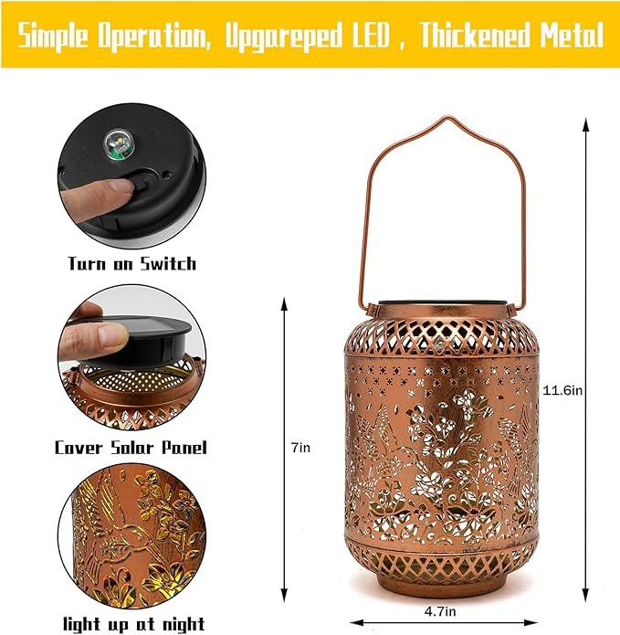 Elegant Hummingbird Solar Lanterns for Garden Birthday Gift for Women Mom Grandma Chindren Metal Outdoor Hanging Lights Waterproof Solar Powered Decor for Yard Patio Pathway