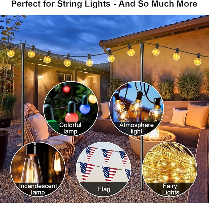 4 Pack String Light Poles for Outside, Upgraded Heavy-Duty Metal Light Poles for Outdoor String Lights with Fork, Adjustable Lighting Accessories for Patio Decor Backyard Pergola Garden Decorations