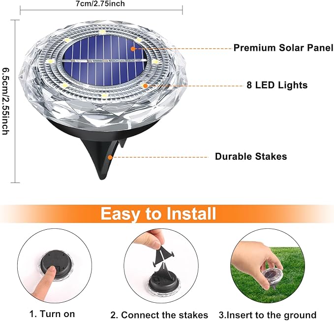Solar Ground Light Outdoor 8 Pack Mini Solar Grounf Lights Waterproof Landscape Lighting Solar Powered Pathway Lights LED Disk Light for Patio Lawn Driveway Yard Decor, Cool White