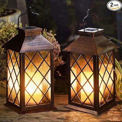 [2 Pack] TAKE ME 14" Solar Lantern Outdoor Garden Hanging Lantern Waterproof LED Flickering Flameless Candle Mission Lights for Table,Outdoor,Christmas Gifts Mom Wife
