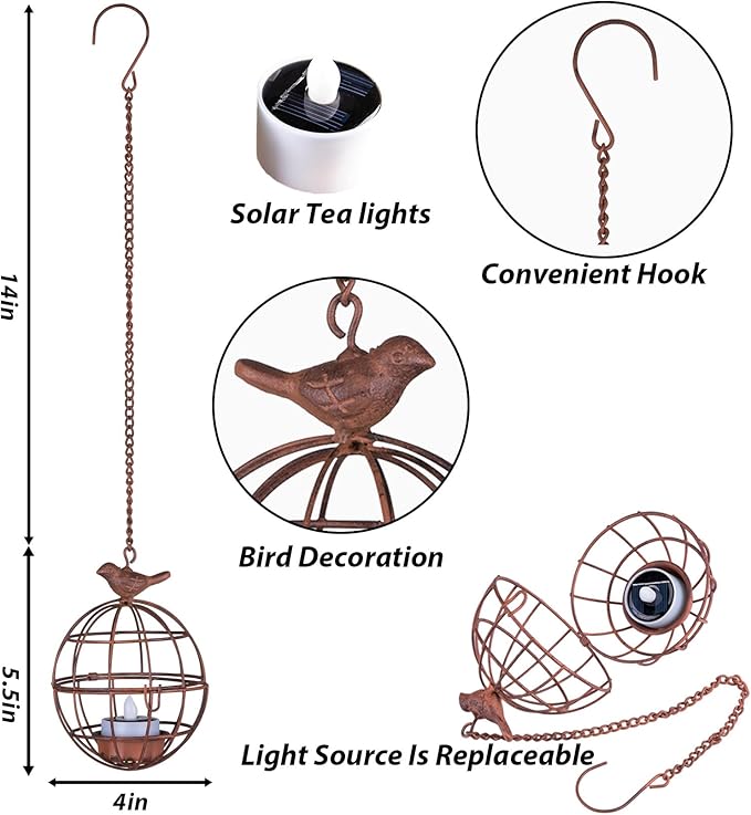 Outdoor Solar Hanging Lantern Lights, 4 Pack Rustic Ball Birdcage Hanging Candle Holder with Solar Tea Lights, Waterproof Chandelier for Patio, Backyard, Pergola, Tree Decor (Dark Orange)