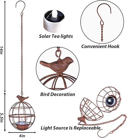 Outdoor Solar Hanging Lantern Lights, 4 Pack Rustic Ball Birdcage Hanging Candle Holder with Solar Tea Lights, Waterproof Chandelier for Patio, Backyard, Pergola, Tree Decor (Dark Orange)