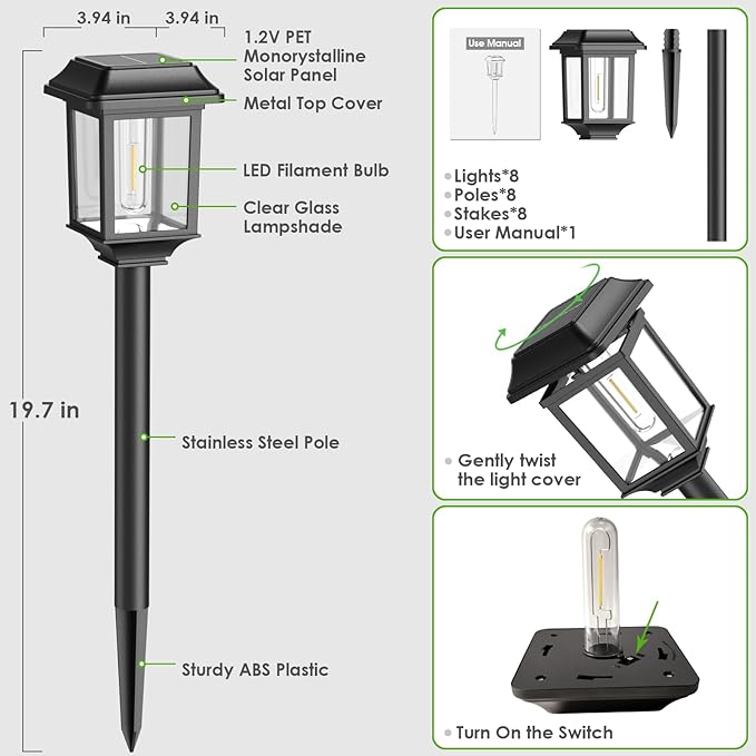 Mancra Solar Outdoor Lights Waterproof, 8 Pack Metal Glass Solar Pathway Lights Outdoor Lighting Garden Decor for Landscape Path Yard Patio Driveway (Warm White)
