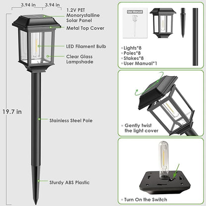 Mancra Solar Outdoor Lights Waterproof, 8 Pack Metal Glass Solar Pathway Lights Outdoor Lighting Garden Decor for Landscape Path Yard Patio Driveway (Warm White)