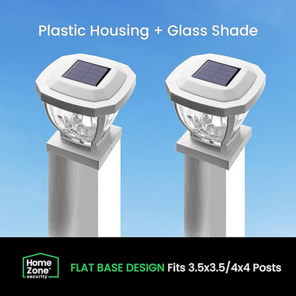 Home Zone Security Solar Post Cap Lights - Decorative Glass LED Outdoor 4x4 (3.5 x 3.5 in.) Post Lights, White (2-Pack)