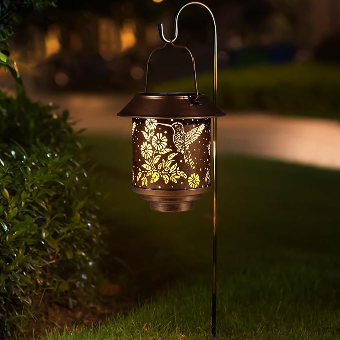 Hummingbird Solar Lantern Outdoor Hanging Sunflower Lights Gifts for Women Mom Metal Garden Decor Outside Waterproof LED Lanterns for Patio
