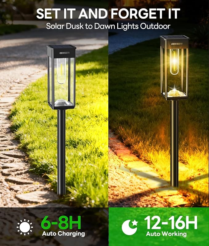 Solar Pathway Lights Outdoor IP65 Waterproof, 6 Pack 3000K LED Auto On/Off Walkway Landscape Light for Yard Lawn Garden Patio Driveway Outside Decor, Warm White