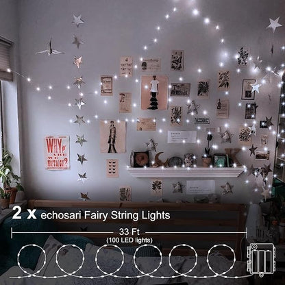 echosari 2 Pack Fairy Lights Battery Operated 100 LED 33Ft Silver Wire Christmas Lights Auto Timer 8 Modes Waterproof Mini String Lights for Indoor, Garden, Yard, Fence, Wedding Decor (Cool White)