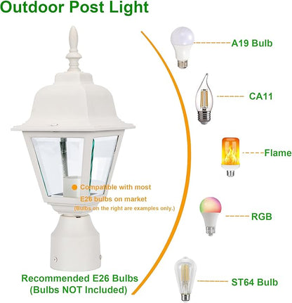 LIT-PaTH Outdoor Post Lighting Fixture Pole Lantern, E26 Medium Base Max 60W, Aluminum Housing Plus Clear Glass, Bulb Not Included, Matte White Finish, 1-Pack