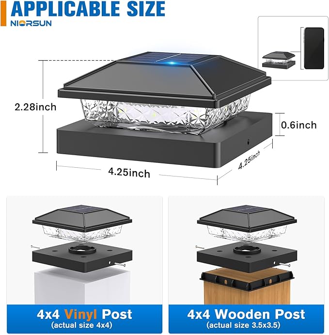 NIORSUN Solar Post Lights Outdoor, Fence Post Solar Lights Cool White, Waterproof, Garden Patio Fence Deck Decor, 4x4 Posts Cap Wood Vinyl, Black 12 Pack