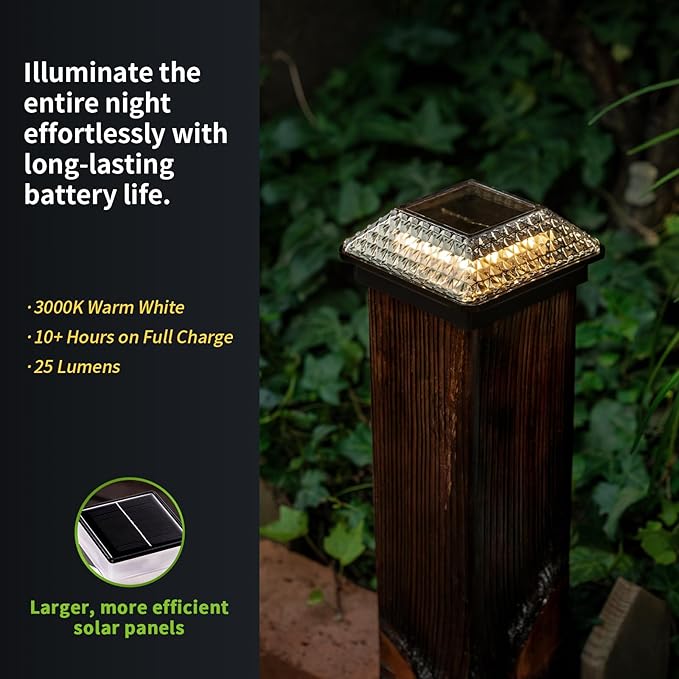 Glass Solar Post Cap Lights with Crystal Style - Decorative Deck Fence Lights for 4x4 5x5 Posts Hidden Solar Panel, Modular Design, 10Hr Runtime, IP65, Warm White, Black, 8 Pack