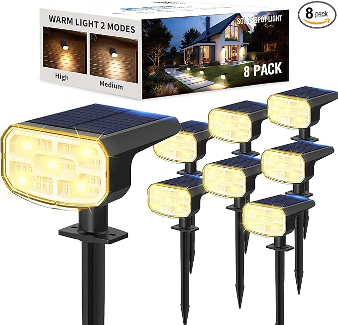 Solar Lights Outdoor Waterproof IP65, Super Bright LED, 3000K 2 Lighting Modes, Solar Powered Yard Garden Solar Spot Lights for Outside Landscape Auto On/Off -8 Pack