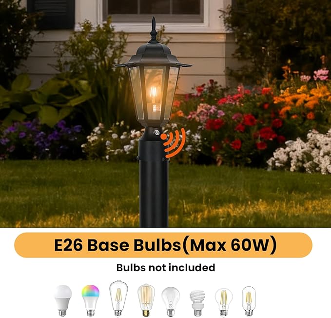 15" Dusk to Dawn Outdoor Post Light, Modern Black Outdoor Lamp Post Light Fixture, Lamp Posts Exterior Lighting Pole Lantern for Outside Porch Garage Street, Waterproof Aluminum & Glass, 1 Pack, E26