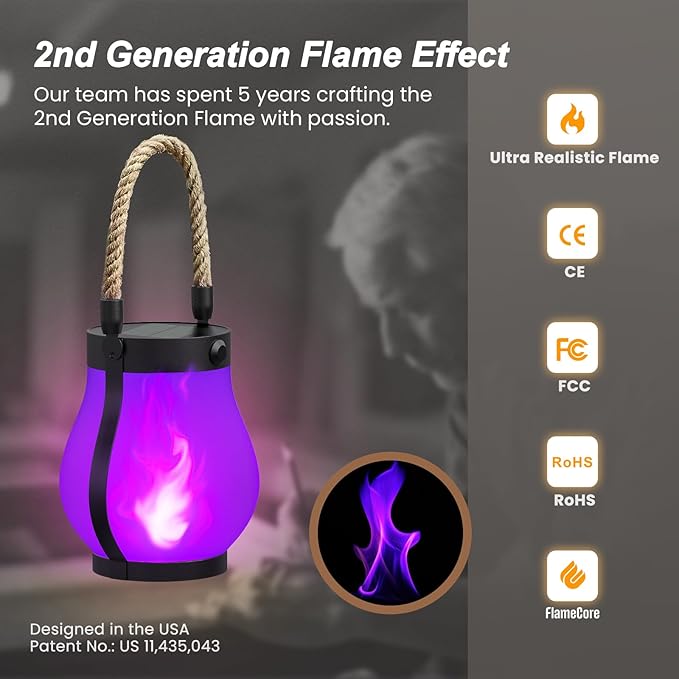 Hompavo Gen2 Solar Lanterns Outdoor with Ultra-Real Flame, Dual Charging (USB/Solar) & 2 Modes - Waterproof Decorative Hanging/Table Lights for Patio Garden Halloween Decorations, 2/Purple