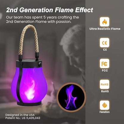Hompavo Gen2 Solar Lanterns Outdoor with Ultra-Real Flame, Dual Charging (USB/Solar) & 2 Modes - Waterproof Decorative Hanging/Table Lights for Patio Garden Halloween Decorations, 2/Purple