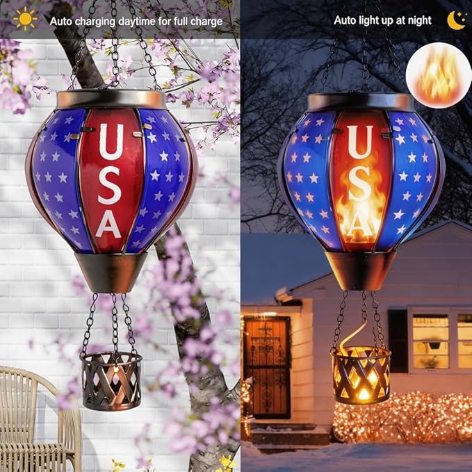Larekook Solar Hot Air Balloon - Solar Lanterns Outdoor Hanging Waterproof for Garden Yard Patio Farmhouse Decoration，Stained Glass Flag Word