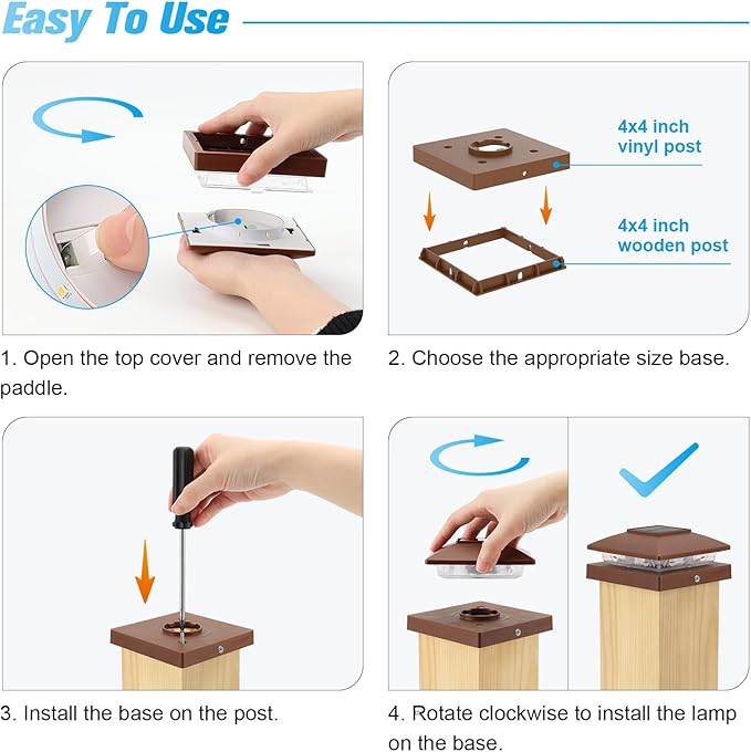 VOLISUN 4x4 Solar Post Cap Light 6pack,Solar Fence - Post Lights Brown Outdoor Waterproof for Wooden/Vinyl Post, with Warm White for Deck