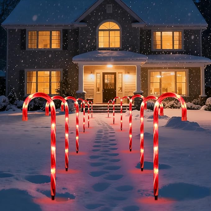 Christmas Candy Cane Lights Outdoor Pathway，12Pack Light up Candy Canes 16" Christmas Sidewalk Walkway Lights with 72 Incandescent Large Lighted Candycane Outdoors Decorations Yard Stakes