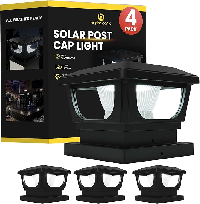 Brighticonic Solar Post Cap Lights Outdoor for 4x4, 3x3 – Auto On/Off Post Lights Solar Powered - Easy Install, IP65 Waterproof Deck & Fence Lights – Long Lasting Battery – 120 Lumen, CoolWhite - 4pck