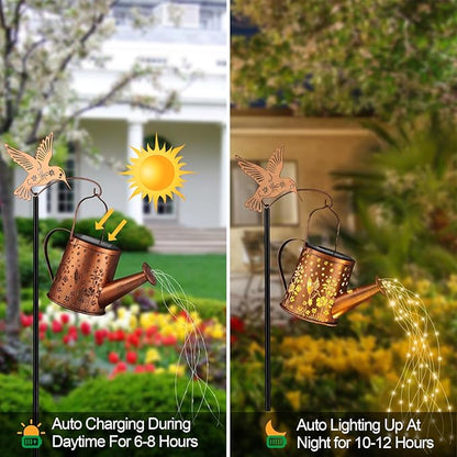 Outdoor Hanging Solar Lantern Waterproof Set Outside Metal Openwork Hummingbird watering can Landscape Lights for Garden Yard Patio Pathway Decor Birthday Gifts for Women Mom Grandma -With Floor Pole