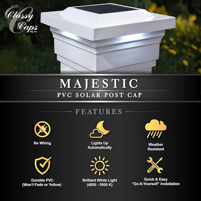 Classy Caps SL075W 5x5 Majestic Solar Post Cap - White – High-Performance Solar LED Lights, Durable PVC (Vinyl) Construction, Weather-Resistant, Ideal for Outdoor, Warm & Cool Light Modes