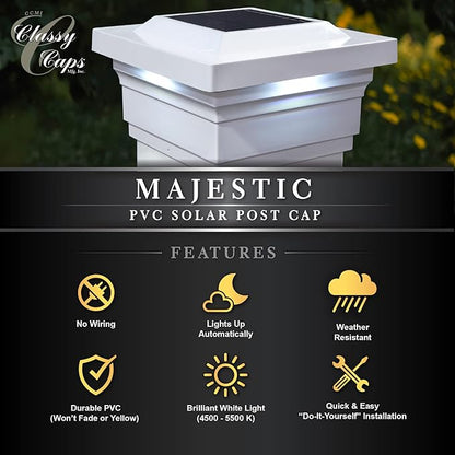 Classy Caps SL075W 5x5 Majestic Solar Post Cap - White – High-Performance Solar LED Lights, Durable PVC (Vinyl) Construction, Weather-Resistant, Ideal for Outdoor, Warm & Cool Light Modes