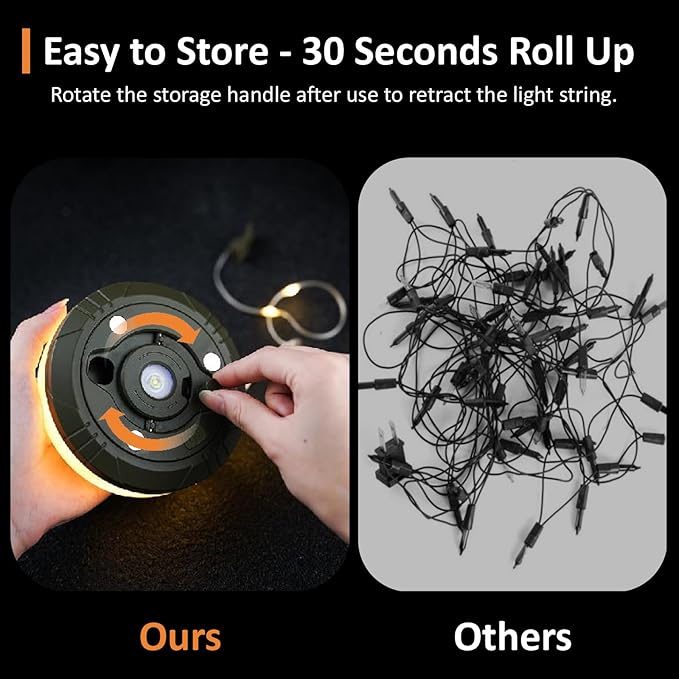2-Pack Camping String Lights, 4 in 1 Portable Camping Light Rechargeable, 8 Lighting Modes, USB Charging, Quick Storage, 32.8FT Waterproof Tent Lights String for Camping, Hiking, Yard, Christmas