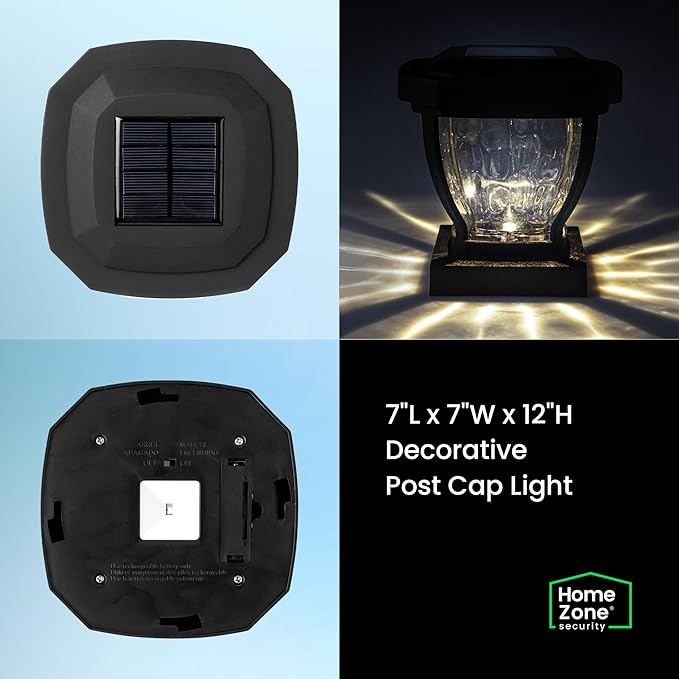 Home Zone Security Solar Post Cap Lights - Decorative Glass LED Outdoor Fits 3.5 x 3.5 in. Post Lights, Black (2-Pack)