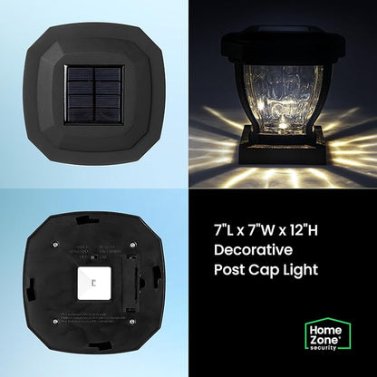 Home Zone Security Solar Post Cap Lights - Decorative Glass LED Outdoor Fits 3.5 x 3.5 in. Post Lights, Black (2-Pack)