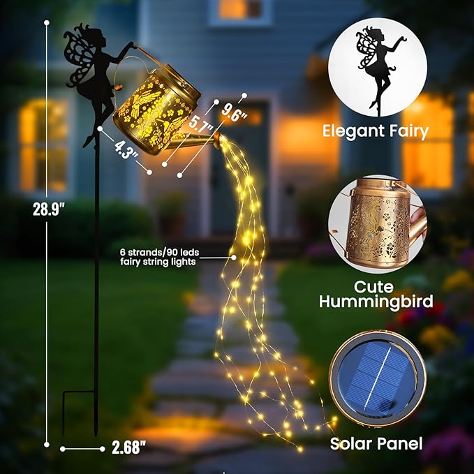 X-PREK Solar Lights Outdoor Waterproof, Fairy Solar Garden Lights Outdoor Decoration, Hummingbird Solar Watering Can Light Gardening Gifts for Mom Grandma 4 Packs