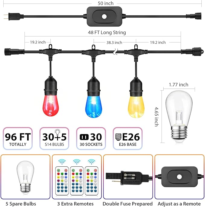 Café-Style Outdoor String Lights, 96ft Globe Bulbs