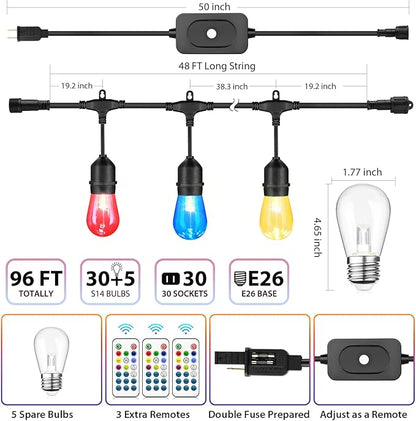 Mlambert 96Ft(2x48ft) Outdoor Patio Lights, RGB Dimmable Cafe String Lights with 30+5 Commercial Grade LED Edison Bulbs for Yard Balcony-Black 2 Pack