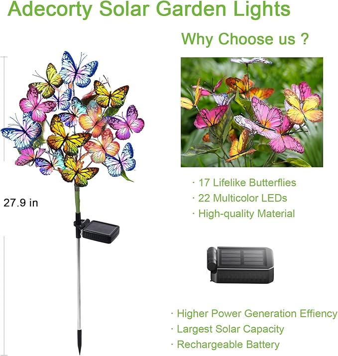 Solar Garden Stake Lights, 8-Pack 176 LED Butterfly & Flower Waterproof Yard Decor Lights