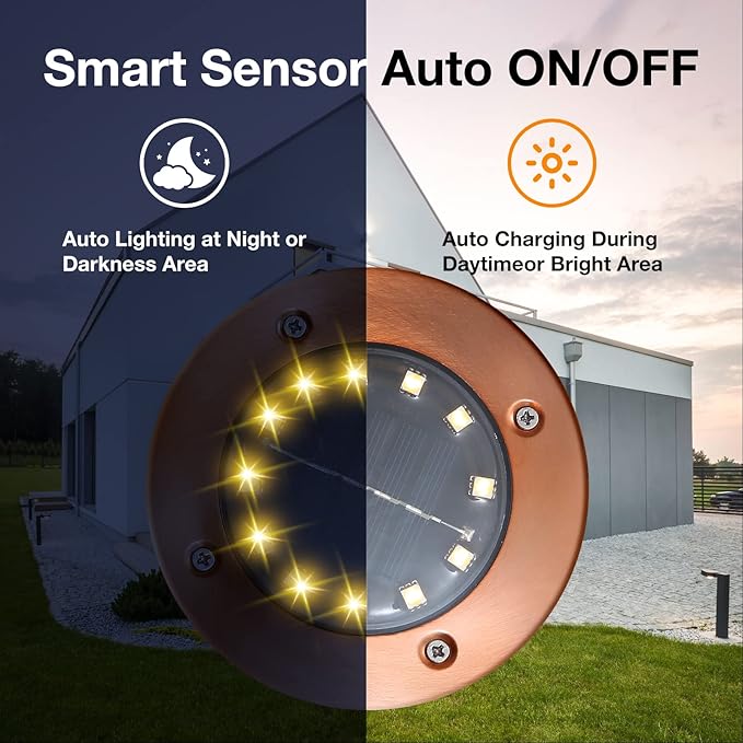 Solar Flat Disk Lights 8-Pack, Waterproof Garden