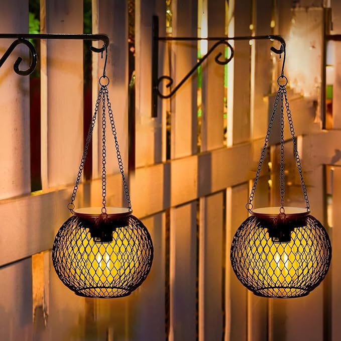 2 Pack Hanging Solar Lanterns Outdoor Waterproof, Gifts for Women Mom Grandma, Brighter Metal Solar Hanging Lanterns, Outdoor Decorative Light for Patio, Lawn, Pathway, Garden Decor