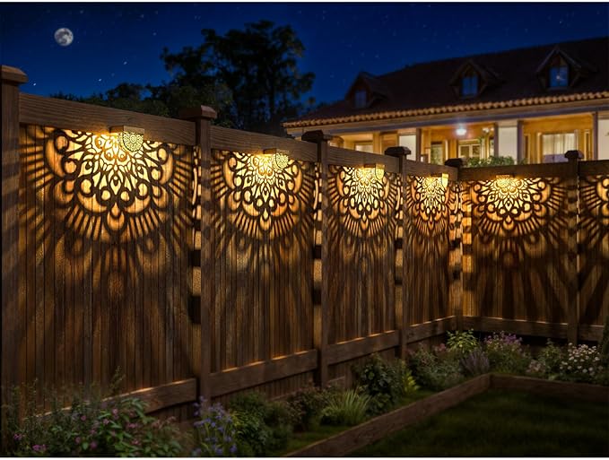 6 Pack Solar Fence Lights Outdoor Wall Lights Gold Plastic Solar Powered Deck Step Stair Lights Mandala Theme Waterproof Fence Solar Light for Garden Post Patio Backyard Yard Decor