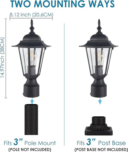 GRUENLICH Outdoor Post Light, Black Waterproof Lamp Post Lights Fxiture, Aluminum Pole Lantern for Outside Yard Pathway Garden, 2 Pack