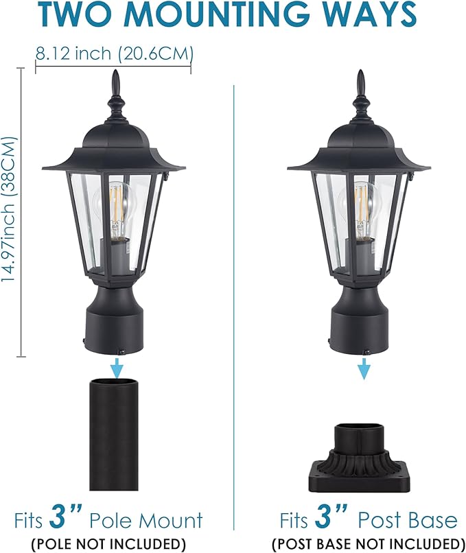 GRUENLICH Outdoor Post Light, Black Waterproof Lamp Post Lights Fxiture, Aluminum Pole Lantern for Outside Yard Pathway Garden, 1 Pack
