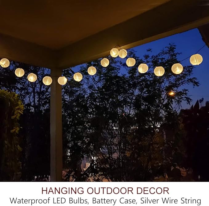 Bright Zeal 20' Long 30 LED Lanterns String Lights Battery Powered - Indoor Outdoor 3" White Silk-Like Cloth Round LED Lanterns String Decoration - Mini Ball Lights for Yard Bedroom Wedding Décor