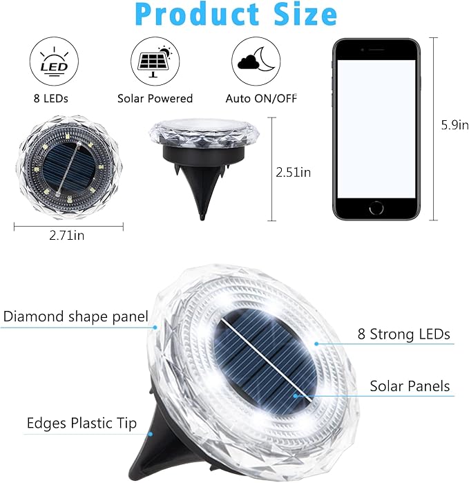 echosari Solar Ground Lights 12 Pack, Upgraded Solar Garden Lights Auto ON/Off Landscape Lighting Outdoor In-Ground Lights Waterproof Long Lasting for Pathway Walkway Patio (Cool White)