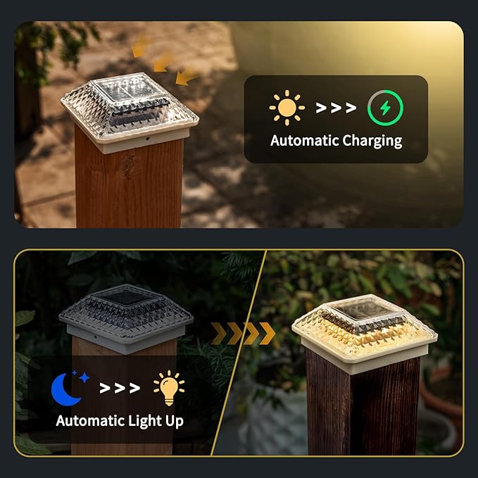 Glass Solar Post Cap Lights with Frosted Style - Decorative Deck Fence Lights for 4x4 5x5 Posts Hidden Solar Panel, Modular Design, 10Hr Runtime, IP65, Warm White, White, 8 Pack
